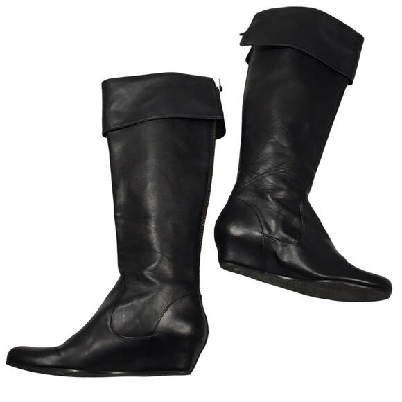 Crown‎ Vintage Lulu Knee-High Boots Black Faux Leather Foldover Wedge Women's 8 - Picture 7 of 12